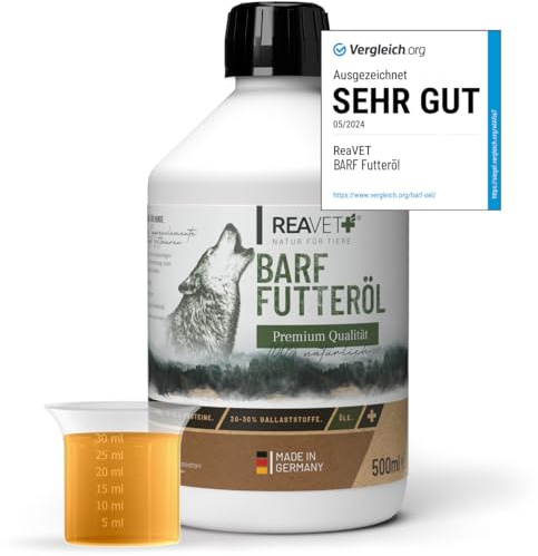 TESTURTEIL SEHR GUT 05/24 ReaVET Profi Futteröl 500ml Hunde, 1.Kaltpressung - Barföl, Futteröl kaltgepresst Hund, hochwertige & perfekte Mischung, Barf Zusatz für Hunde I natürlich & artgerecht