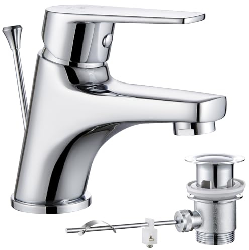 CECIPA Wasserhahn Bad, Waschtischarmatur Mit Zugstange Ablaufgarnitur, Mischbatterie, Armatur Waschbecken Modern, Badarmatur aus Messing Klein Waschbeckenarmatur Für Badezimmer, Gäste-Wc