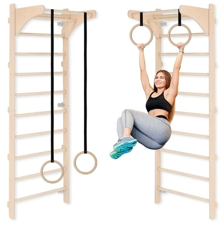 Sprossenwand mit verstellbaren Holzringen, Trainingsgerät für Erwachsene und Kinder, Heim-Fitness, Kraft- und Mobilitätstraining, Naturholz, Wandmontage, Made in EU, 100% ECO