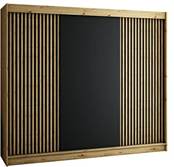MEBLE KRYSPOL Schwebetürenschrank LAMELO mit Zierstreifen, Kleiderschrank mit 2 Kleiderstange, Modern Design (250 cm)