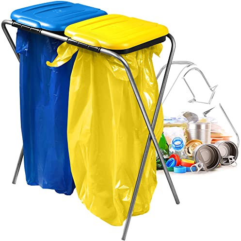 KADAX Zweifacher Müllsackhalter, Müllsackständer in 5 Farbversionen, Ständer für Mülltrennung mit Kunststoffdeckel, Müllbeutelhalter für 120L Beutel (Blau-Gelb)