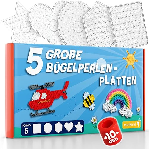 MUTKIND® 5x Bügelperlen Platten Groß 10mm [5 Tolle Formen] - Steckplatten Set mit Herz, Stern, Rund, Viereck, Sechseck Form - Geschenk für Kinder ab 3 Jahren - Inkl. 50 kreativen Vorlagen zum Download