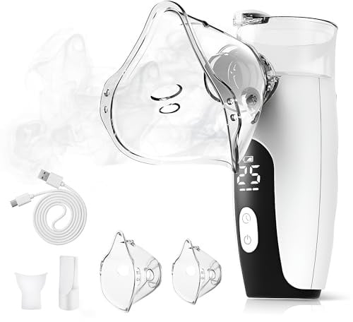 Inhaliergeräte Inhalator Vernebler für Erwachsene, Leise Ultraschall Inhalationsgerät Kinder, inhalationsgerät Set mit Mundstück und 2 Maske, 3 Geschwindigkeiten, C, Akku Hält Lange-Blau KE-N11