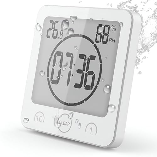 VORRINC Badezimmeruhr Digital Wecker Bad Uhr, Shower Clock mit Saugnapf LCD Display, Baduhr, Luftfeuchtigkeit Temperatur Wanduhren, Countdown Timer Für Dusche Küche (Weiß)