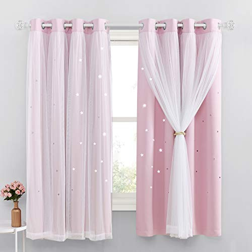 NICETOWN Sterne Vorhang Kinderzimmer Mädchen Verdunklungsvorhänge Kurz | 2er Set, H160 x B132cm, Hellpink, Thermo Gardinen Hitzeschutz, Doppellagige Vorhänge mit Hohlen Sternen und Voile, mit Ösen