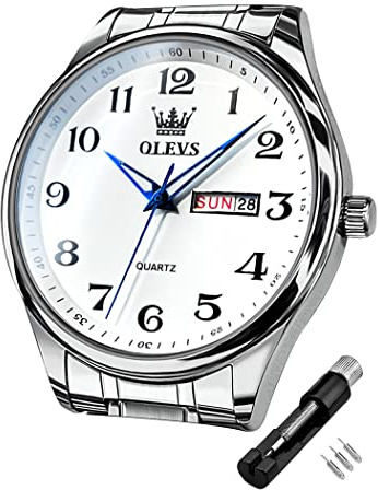 OLEVS Herrenuhr, Edelstahlband, gut ablesbar, wasserdicht mit Kalender | Klares Zifferblatt, Alltagstauglich, Robustes Armband für Männer