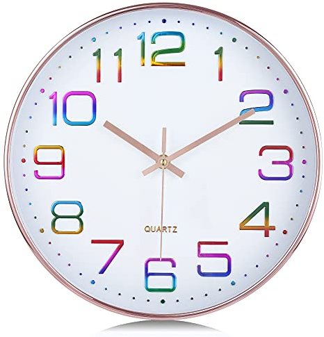 Lafocuse 3D Ziffern Bunt Lautlos Wanduhr Rosegold, 30cm Modern Ohne Tickgeräusche, Leicht zu Lesen Wanduhr Analog Deko für Wohnzimmer Küche Schule Kinderzimmer