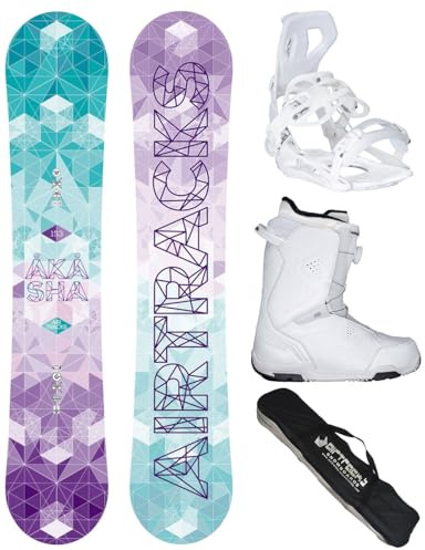 Airtracks Damen Snowboard Set Akasha Zero Rocker + Bindung + Boots | Komplettset: Akasha Zero Rocker Board, Bindung Master W, Boots und Snowboard Bag – All Mountain, Freestyle, Freeride