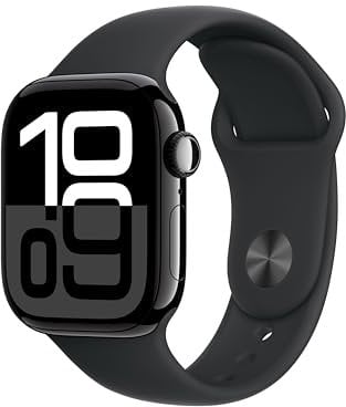 Apple Watch Series 10 (GPS 42 mm) Smartwatch mit Aluminiumgehäuse in Diamantschwarz und Sportarmband in Schwarz (M/L). Fitnesstracker, EKG App, Always-On Retina Display, Wasserschutz