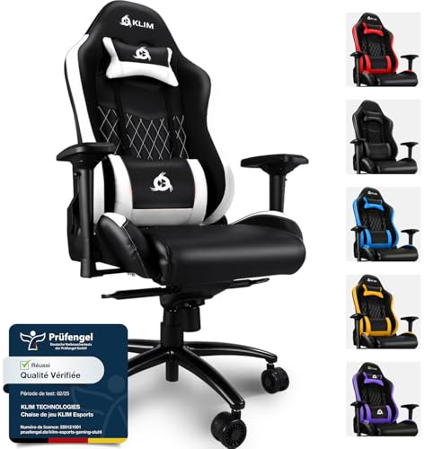 KLIM Esports Gaming Stuhl - NEU - Mit Lenden- und Nackenstütze - Verstellbar Gaming Sessel Ergonomisch PC Stuhl - Gaming Stuhl 150 kg Belastbarkeit - Gamer Stuhl - Gaming Chair - Weiß