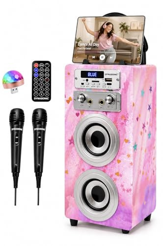 DYNASONIC Karaoke mit 2 Mikrofonen, tragbarer Karaoke-Maschine, Bluetooth-Lautsprecher, USB- und SD-Kartenleser, Lichter, Geschenk für Kinder von 5 bis 13 Jahren (Model 15 Lights)