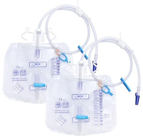 2 Stück Urindrainagesystem, Urinbeutel 2000ml mit Anti Reflux Ventil und Ablass, Urindrainagebeutel Drainagebeutel mit 100cm Schlauch (2000ml-2pcs)