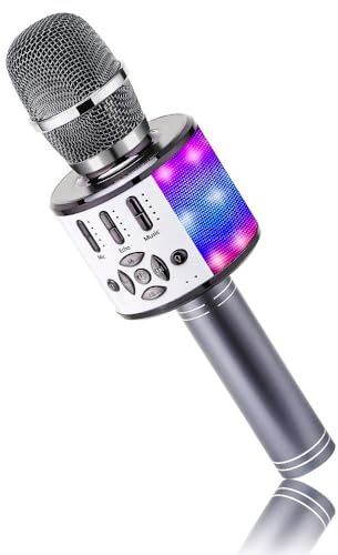 BONAOK Bluetooth-Mikrofon, kabellos, Mikrofon für Kinder mit LED-Lichtern, Mini-Karaoke-Maschine für Party/Haus/Geburtstag, kompatibel mit Bluetooth iOS Android (Space Grau)