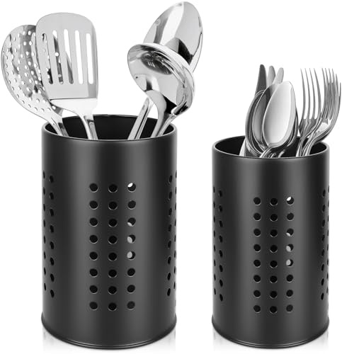 RONMOSNEA Küchenutensilienhalter Besteckkorb 2 Pcs Größe 16.5 x 10 cm und 18 x 12 cm Besteckhalter Edelstahl Schwarze Abtropfgestell Besteckständer für Arbeitsplatte Küche Besteck Sieb Bestecktrockner