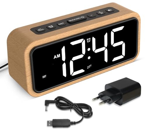 Wecker Laut für Tiefschläfer, Digitalwecker Holz mit LED Anzeige, 12 Alarm-Klingeltöne, 5 Helligkeit Einstellbar, 5 Lautstärken, Manuelles DST, Braun Wecker Retro für Schlafzimmer (Buche-Weiß)