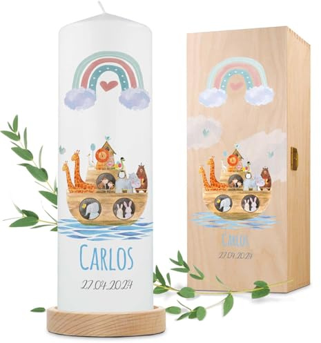 GRAVURZEILE Bedruckte Kerze - Taufkerze Arche Regenbogen - brilliant bedruckte Kerze zur Taufe - Personalisiertes Taufgeschenk für Mädchen & Jungen - Hochwertige Stumpenkerze 250/80 mm - Farbe: Blau