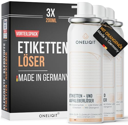 ONELIQIT® Etikettenentferner, Etikettenlöser, Klebereste Entferner mit Orangenöl 3x 200ml für das einfache Entfernen von Etiketten, Aufklebern, Vignetten & Klebstoffen
