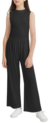 EXARUS Ärmelloser Jumpsuit für Mädchen, Stehkragen, weites Bein, Hose, Reißverschluss, einteiliger Strampler, Overall, leicht, lässig, 8–12 Jahre, Schwarz, 14 Jahre