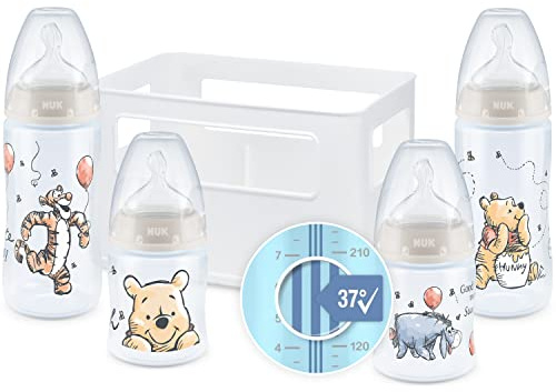 NUK First Choice+ Babyflaschen Starter Set | 0–6 Monate | 4 Flaschen mit Temperature Control & Flaschenbox | Anti-Colic Air System | BPA-frei | Disney Winnie Puuh