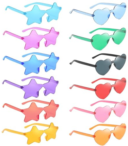 SHSHbuy Party Brille,12 Paar Randlose Sonnenbrillen in Herzform Stern,Magische Farben Party Brille,Lustige Partybrillen für Fasching Foto Requisiten Geburtstagsfeier für Kinder und Erwachsene