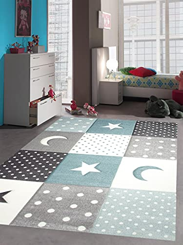 Teppich-Traum Kinderteppich Mond Sterne Punkte Blau Türkis 80x150 cm | Weich und wärmend, pflegeleicht, strapazierfähig, farbecht, seitlich gekettelt, schadstofffrei und OEKO-TEX geprüft