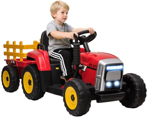 HOMCOM Elektrischer Traktor mit Anhänger 2,4G Fernbedienung 3-6KM/H Rot | Kinder Aufsitztraktor, Kinder Elektroauto mit Sanftanlauf MP3 Funktion, Kinderfahrzeug mit Scheinwerfer, für 3-6 Jahre
