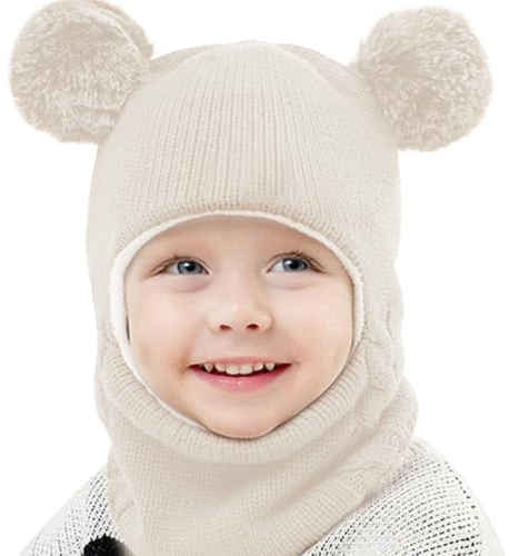 Casenly Kinder Wintermütze, 3 in 1 Schalmütze Warme Schalmütze Niedliche Baby Schlupfmütze Beanies Kapuze mit Doppelpom Pom Winddichte für Mädchen und Jungen, Beige