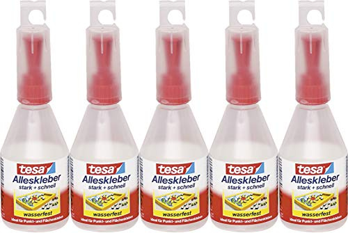 tesa Alleskleber (5x90g) - Transparenter Flüssigkleber für verschiedene Materialien - Wasserfest - Epoxidharz oder Silikon - Klebstoff, Alleskleber