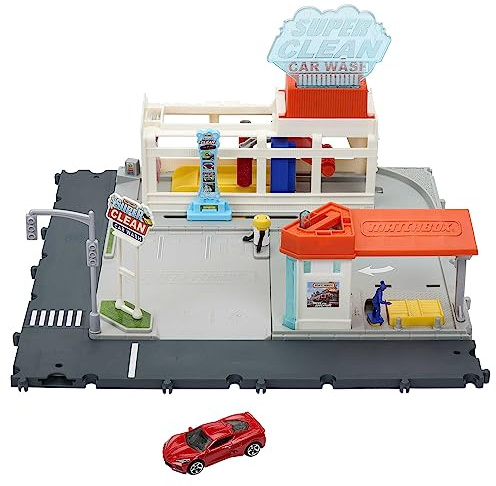 Matchbox Super Clean Autowaschanlage - erweiterbares Spielset mit spannenden Details, inklusive 1 Auto, Staubsauber und Supermarkt, HNJ54