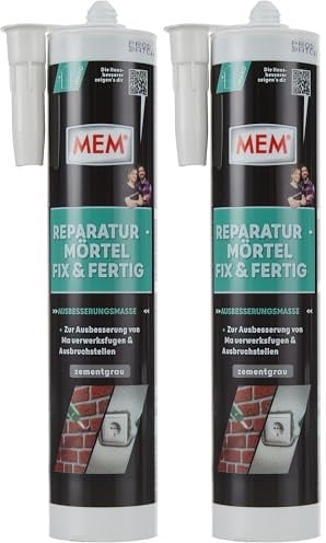 MEM Reparatur-Mörtel Fix & Fertig, Für Mauerwerksfugen und Ausbruchstellen, Für innen und außen, Gebrauchsfertig, Überstreichbar, Zementgrau, 300 ml (Packung mit 2)