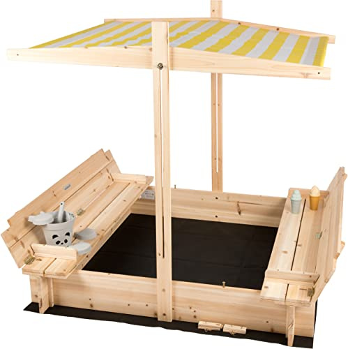 needs&wants® Holz Sandkasten mit Dach, Abdeckung & Sitzbank, Kinder Sandkiste mit klappbarem Deckel, UV-Sonnenschutz, Sandbox quadratisch für Garten Outdoor Spielplatz, 120x120 cm, gelb weiß braun