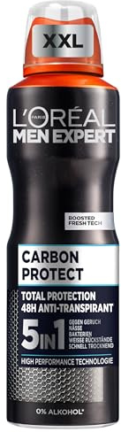 L'Oréal Men Expert XXL 5in1 Deospray für Männer, Bodyspray gegen starken Schweißgeruch, Schwitzen, Achselnässe und weiße Rückstände, Herren Deo Antitranspirant ohne Alkohol, Carbon Protect, 1 x 250 ml