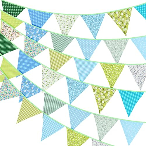 G2PLUS Süße Beidseitig Wimpel Girlande, 10M Bunting Wimpelkette Stoff, Grün Stoffgirlande mit 36 STK Farbenfroh Wimpeln für Hochzeits Geburtstag Party