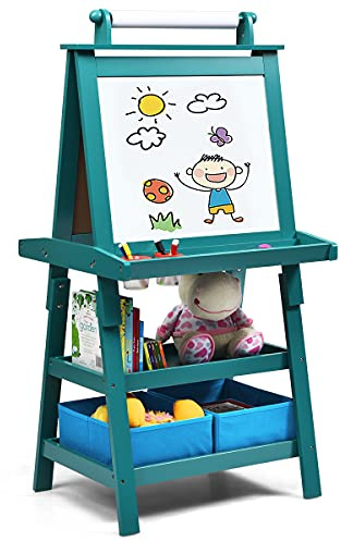 LIFEZEAL 3 in 1 Kindertafel, Staffelei Kinder mit Doppelseitiger Tafel, Standtafel mit 2 Ablageebenen, Whiteboard & Kreidtafel & Papierrolle, Maltafel mit 2 Aufbewahrungsboxen, Magnettisch (Blau)