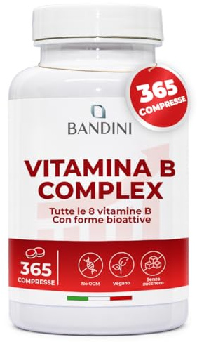 Bandini® Vitamin B Komplex Hochdosiert, 365 Tabletten für 12 Monate, B-Komplex mit alle 8 B-Vitamine B1, B2, B3, B5, B6, B7, B9, B12, Nervensystem, Stoffwechsel, Psychische Funktion, GVO-frei, Vegan