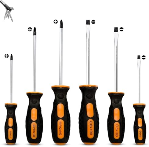 Langlebiges 6-teiliges Schraubendreher-Set - Chrom-Vanadium-Stahl mit magnetischen Spitzen - inkl. 3X Flachkopf-Größen: 3x75mm/5x100mm/6x100mm und 3X Kreuzschlitz: PH0x75mm/PH1x100mm/PH2x100mm 00 mm