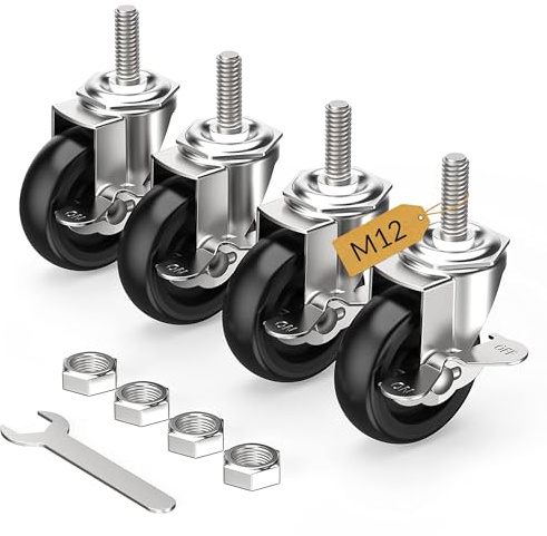 HOLKIE Lenkrollen 75mm (3 Zoll) mit Bremsen Möbelrollen Transportrollen, M12 x 1,75 x 30mm (Schaftdurchmesser 12mm, Schaftlänge 30mm) Schwerlastrollen Gummirollen 4er Set Rollen für Möbel Schwarz