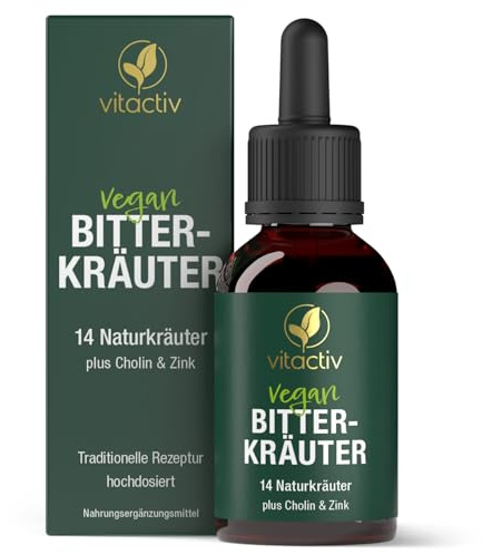 VITACTIV Bitterkräuter Bitterstoffe Tropfen mit 24% Alkohol, vegan, 50 ml | Auf der Zunge zergehen lassen vor oder nach dem Essen, 14 Pflanzen- und Kräuterextrakte, 1360 mg je Tagesportion