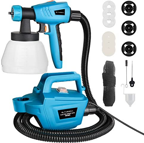Tilswall 800W Farbsprühsystem, Elektro Lackierpistole mit 1300 ml Behälter und 3 Düsen und 3 Spritzmuster Farbsprühgerät mit 2,5M Luftschlauch Geeignet Für Wände oder Großflächiges Sprühen
