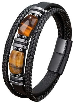 JENCVNL Herren Lederarmband, Tigerauge Lederarmband Herren Tigerauge Mehrlagiges Geflochtenes Leder Armband mit Magnetverschluss für Männer Jungen (Schwarz, 21)
