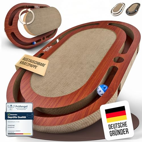 PAWZONE Kratzbrett [72x45 cm] beidseitig nutzbar + Pappe austauschbar [inkl. Katzenspielzeug] hochwertige XXL Kratzpappe in stabilem MDF - Kratzmatte Kratzmöbel Katze Cat Scratcher Katzenzubehör