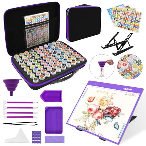 JUSONEY Diamond Painting Zubehör Boxen, 80 Stück Diamond Painting Aufbewahrungsbox mit 3 Helligkeit Leuchttisch A4 Werkzeug Set mit Diamond Painting Stift DIY Handwerk Als Geschenk, Lila