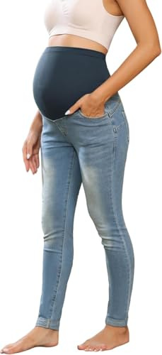 Maacie Umstandshosen Lange Elastisch Jeans für Schwangerschaft Bequem Jeans Frühling Sommer Blau L