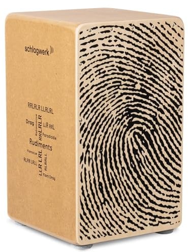 Schlagwerk CP82 Cajon Rudiments Fingerprints Large - Cajon Instrument mit zwei Snare Teppichen 50 x 30 x 30 cm - Natur Birke mit Fingerabdruck auf der Front - Made in Germany