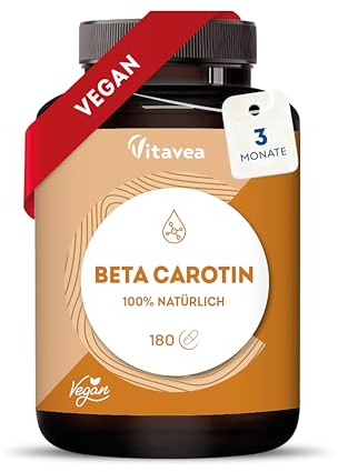 Beta Carotin Kapseln Hochdosiert - 100% Natürlich - Ohne Zusatzstoffe | Vegan - Vorstufe von Vitamin A - Strahlende & Langanhaltende Bräune - Carotin Hochdosiert Bräune - 180 Kapseln – Vitavea