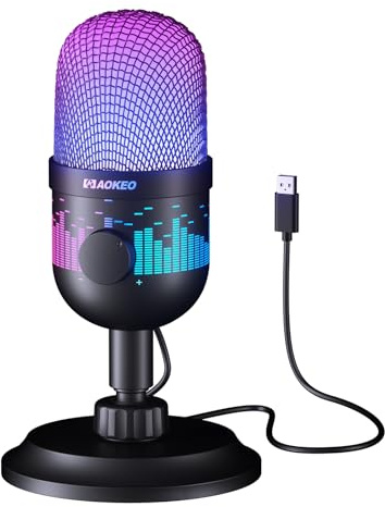 aokeo Gaming Mikrofon, USB Computer Mikrofon für PC, Mac, PS4/5, Kondensator Podcast Mic für Studioaufnahmen, für Streaming Podcast YouTube, mit LED-Licht