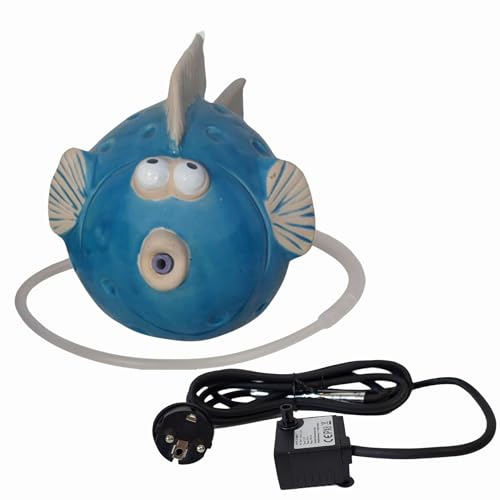 Gartenzaubereien Wasserspeier Fisch blau aus Keramik mit Pumpe 230V 12cm für Miniteich - Balkon und Terrasse