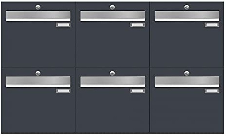 Frabox Briefkastenanlage 6er Briefkasten XXL RAL 7016 Postkasten anthrazit-grau Mehrfamilienhaus ohne Zeitungsfach 6fach Wandbriefkasten Aufputz mit Material für Befestigung Made in Germany LUIS