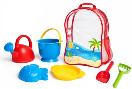 Hape Strandrucksack Grundausstattung – 7-teiliges Sandspielzeug-Set mit Eimer, Schaufel, Rechen, Sieb, Gießkanne und Förmchen, Outdoor-Spiel für Kinder ab 24 Monaten