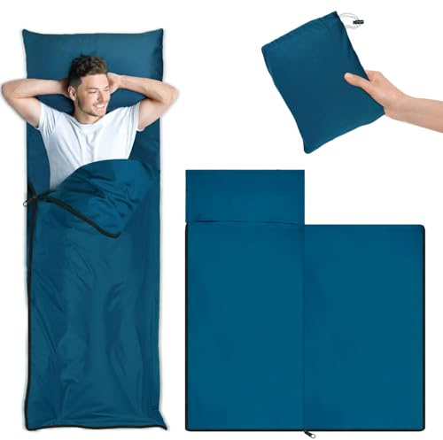 Hüttenschlafsack,Sommerschlafsack,Schlafsack Ultraleicht kleines Packmaß [220 x 90 cm], Outdoro Blau Sommer Reiseschlafsack,Hüttenschlafsäcke & Inletts